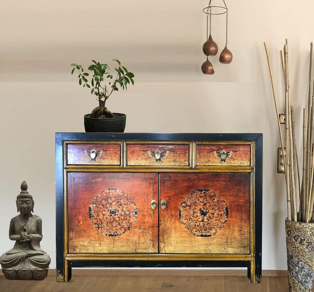 Vintage Kommode Rot Orange verziert chinesisch Schrank Sideboard Kolonial-Stil Antik-Stil Lowboard asiatisch orientalisch Fernost shabby-chic Landhaus Bild 1