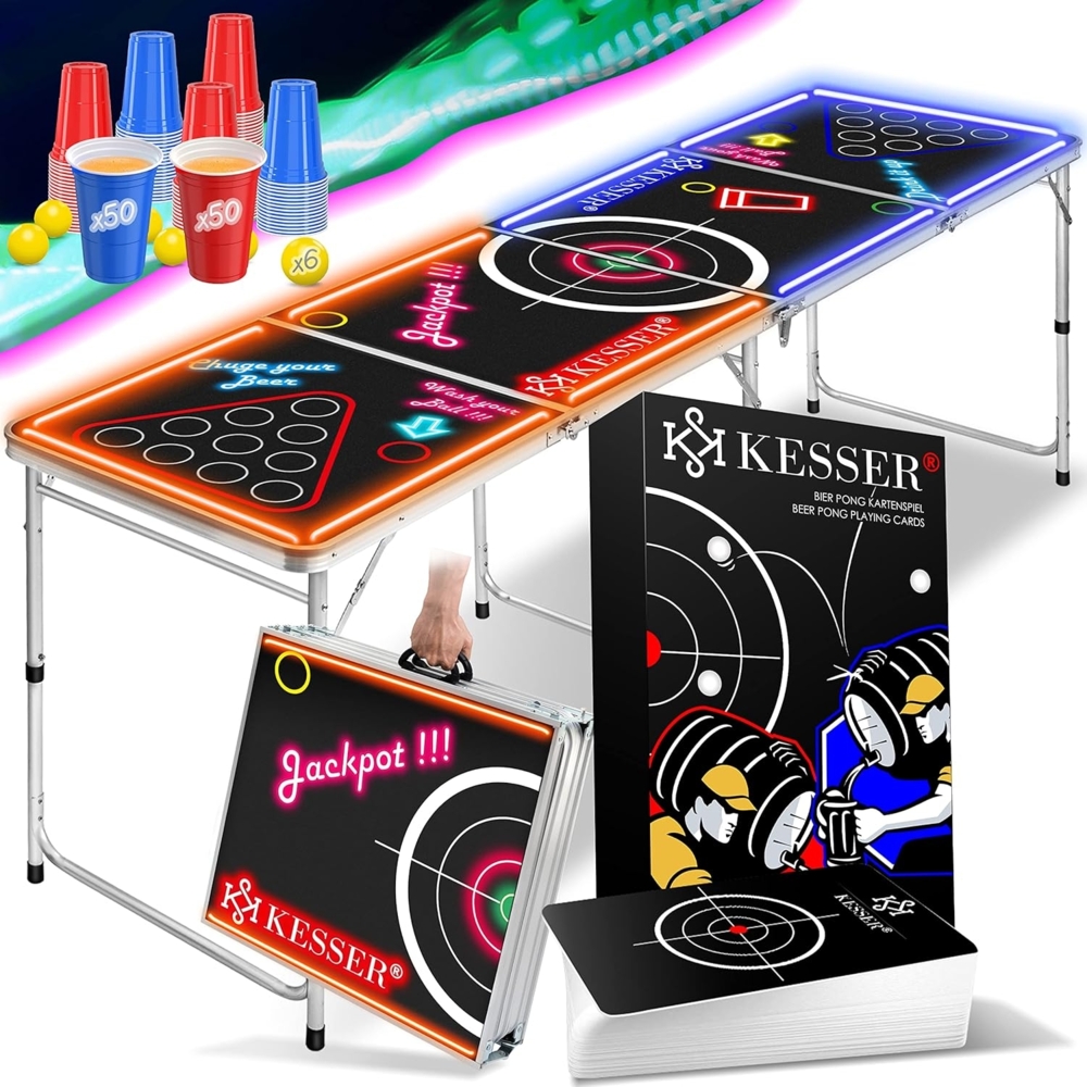 KESSER® Beer Pong Tisch Set mit Kartenspiel Trinkspiel - inkl. 100 Becher (50 Rot & 50 Blau), 6 Bälle + Regelwerk Partyspiele Table Höhenverstellbar Klappbarer Classic - mit LED Bild 1