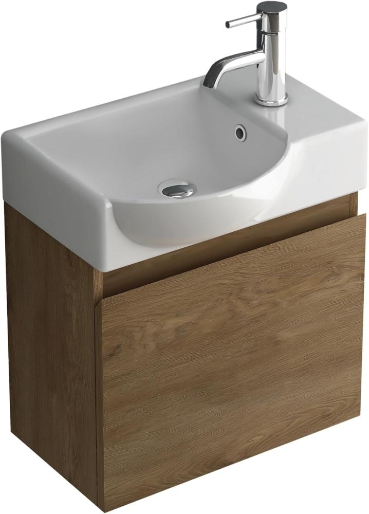 Alpenberger Badmöbel-Set - Gäste WC Waschbecken mit Unterschrank 45 cm Breit, (Badschrank 2-tlg, Waschtisch hängend), Waschbeckenunterschrank mit Softclose - Farbe Eiche - Links Becken Bild 1