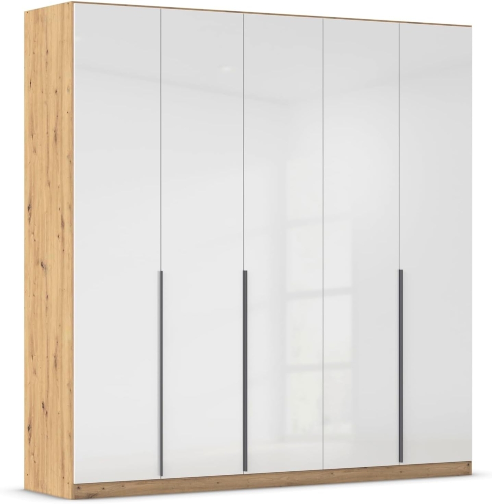 Rauch Möbel Alabama, Kleiderschrank, Garderobe, 5-türig, Zubehör Premium, 3 Kleiderstangen, 9 Einlegeböden, Schubladeneinsatz, Farbe Hochglanz Weiß/Eiche Artisan, Griff Grau metallic, 226 x 229 x 54 cm Bild 1