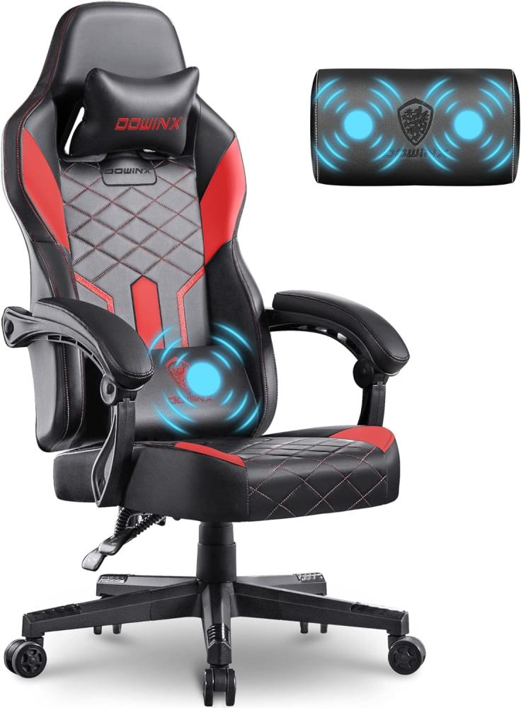 Dowinx Gaming Stuhl Racing Gamer Stuhl mit Frühling Kissen, Ergonomischer Gaming Sessel mit Massage Lendenwirbelstütze, Bürostuhl PU Leder PC-Stuhl Verbreiterte Rückenlehne 150KG (Schwarz Rot) Bild 1