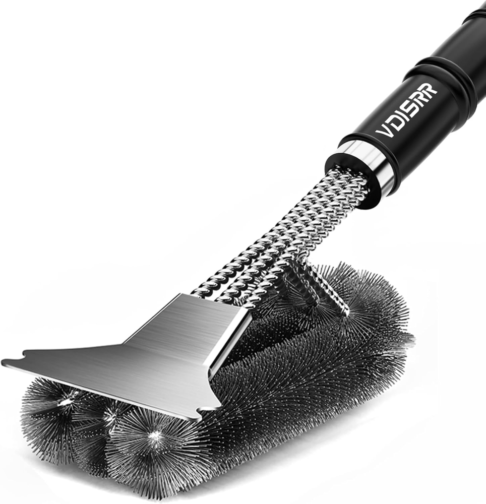 VDISRR Grillbürste, Grillbürste für Gussrost, Dreireihigen Edelstahlborsten, Lange Griff aus Kunststoff, für Holzkohle-, Elektro- und Gasgrills (Grillbürste mit Vertikalschaber) Bild 1