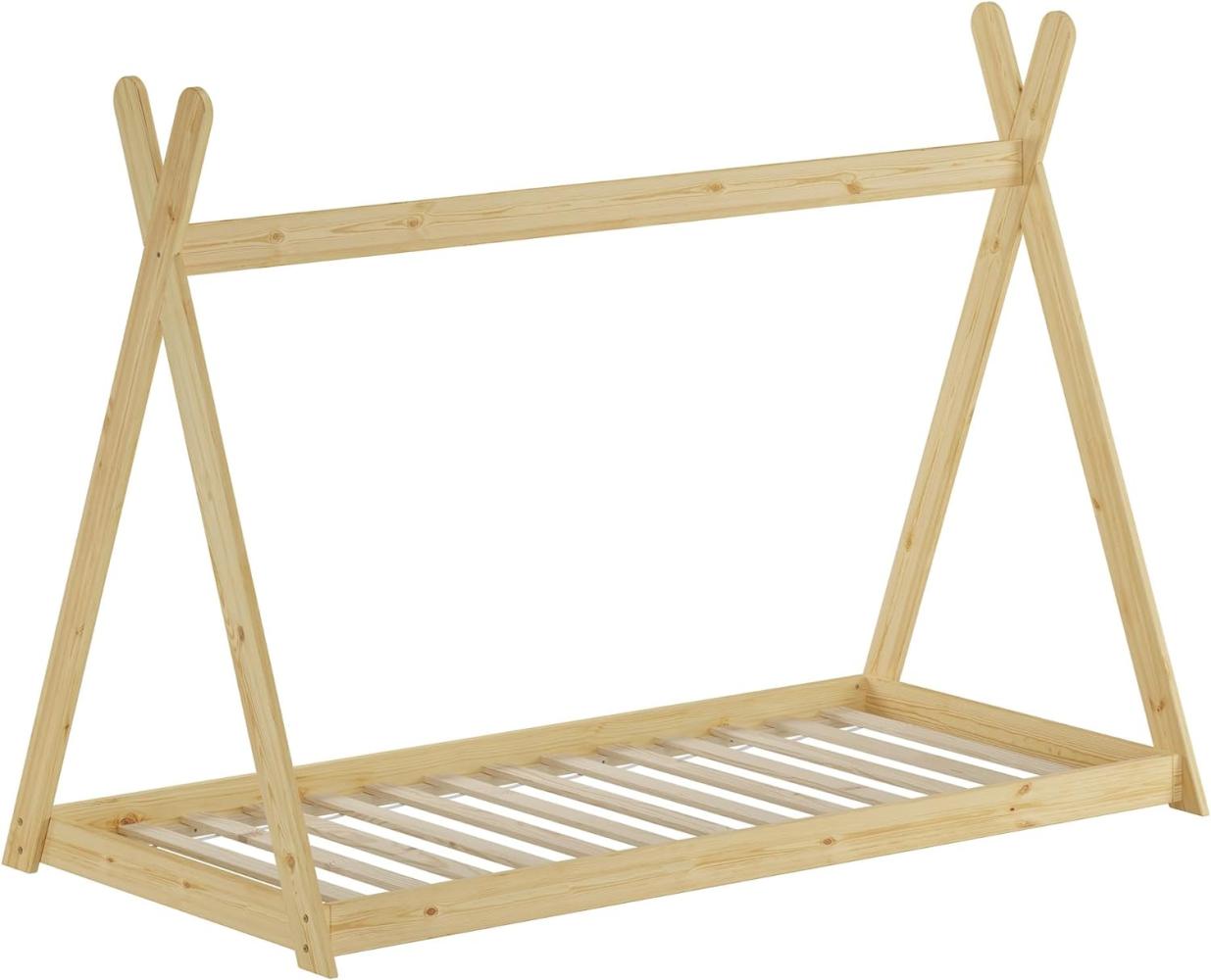 Niedriges Tipi-Kinderbett, Holzbett 90x200 Kiefer natur lackiert, Zubehör wählbar V-60.27-09Rollrost inkl. Bild 1