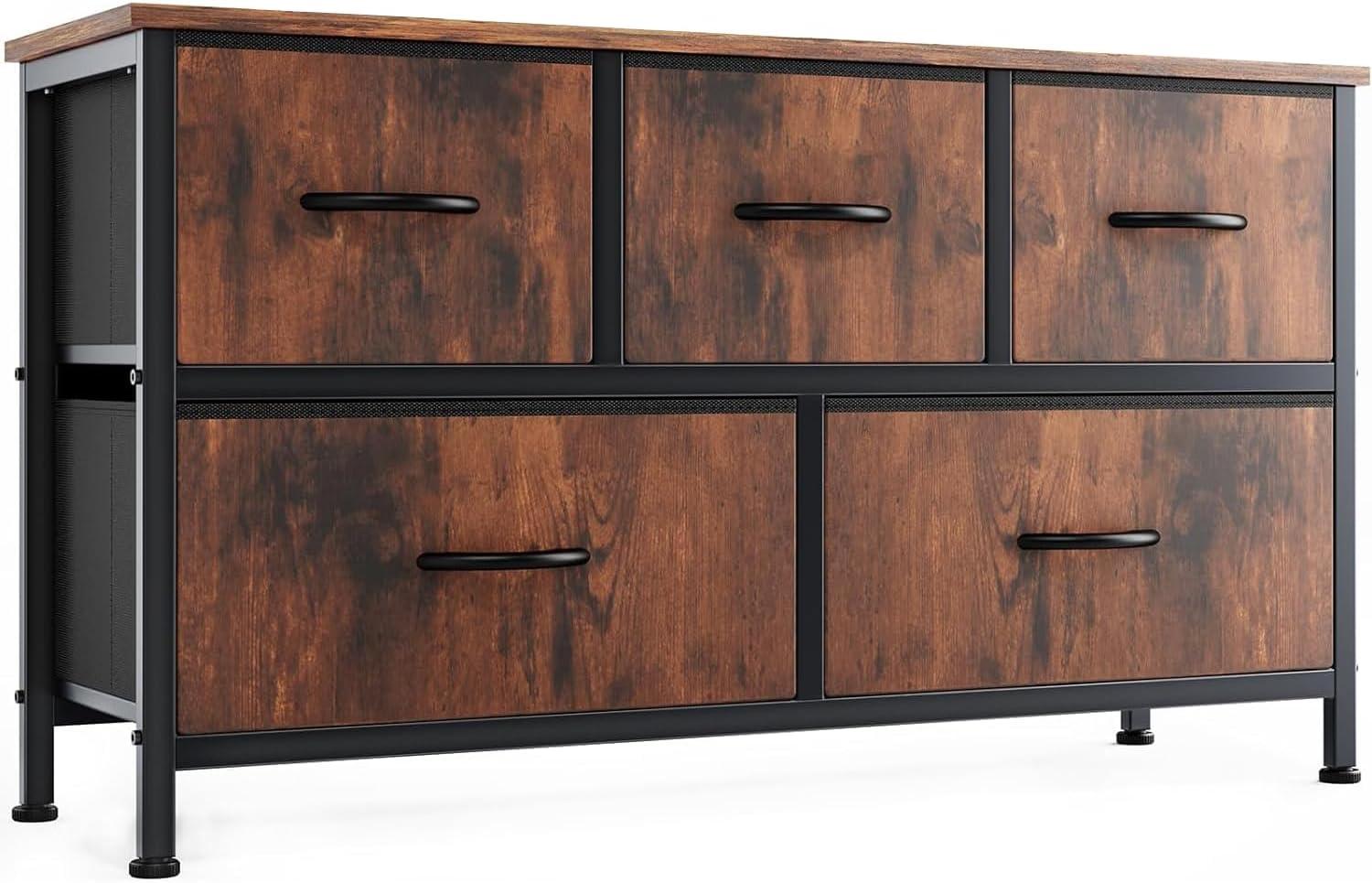 DUMOS Kommode mit Schubladen - kommoden & Sideboards für Schlafzimmer Geeignet, Komodenschrank mit 5 Schubladen, Stoffkommode mit Stabilem Stahlrahmen, Ideal für Schlafzimmer, Wohnzimmer (Braun) Bild 1