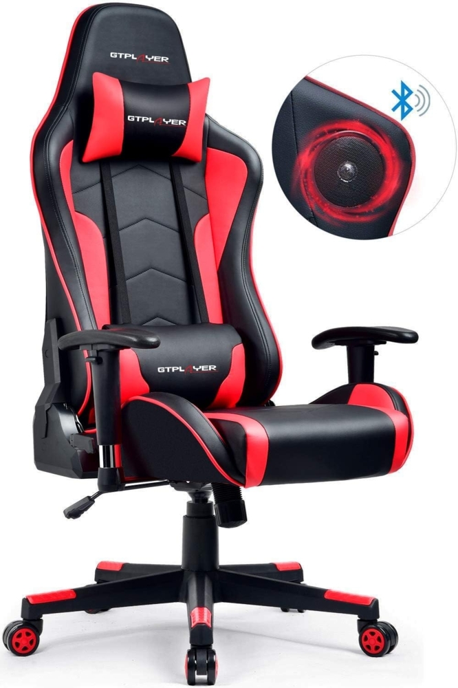 GTPLAYER Gaming Stuhl mit Lautsprecher Bürostuhl Schreibtischstuhl Musik Audio Gamer Stuhl Drehstuhl Ergonomisches Design PC Stuhl Multi-Funktion E-Sports Chefsessel (Schwarz-Rot) Bild 1