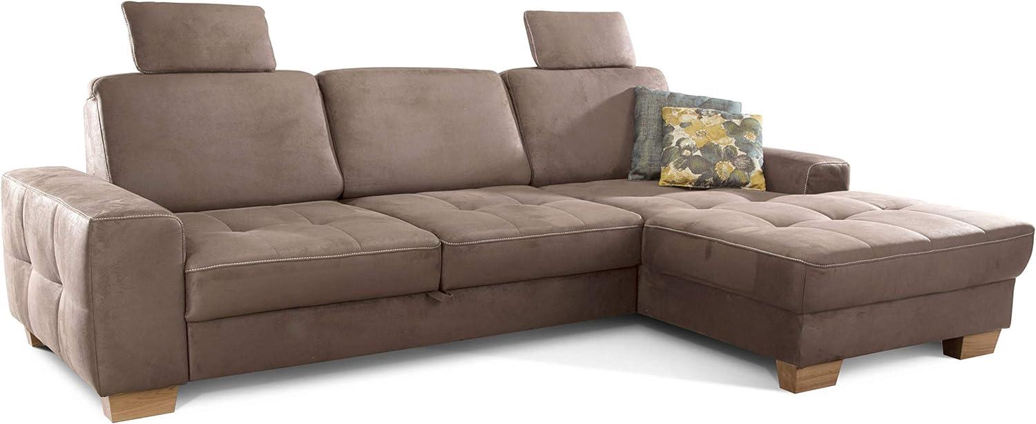 Cavadore Ecksofa Puccino mit Federkern, Bettfunktion, verstellbarer Rückenlehne und 2 Kopfstützen / Couch in L-Form im Landhausstil / 281 x 86 x 178 cm / Mikrofaser hellbraun Bild 1