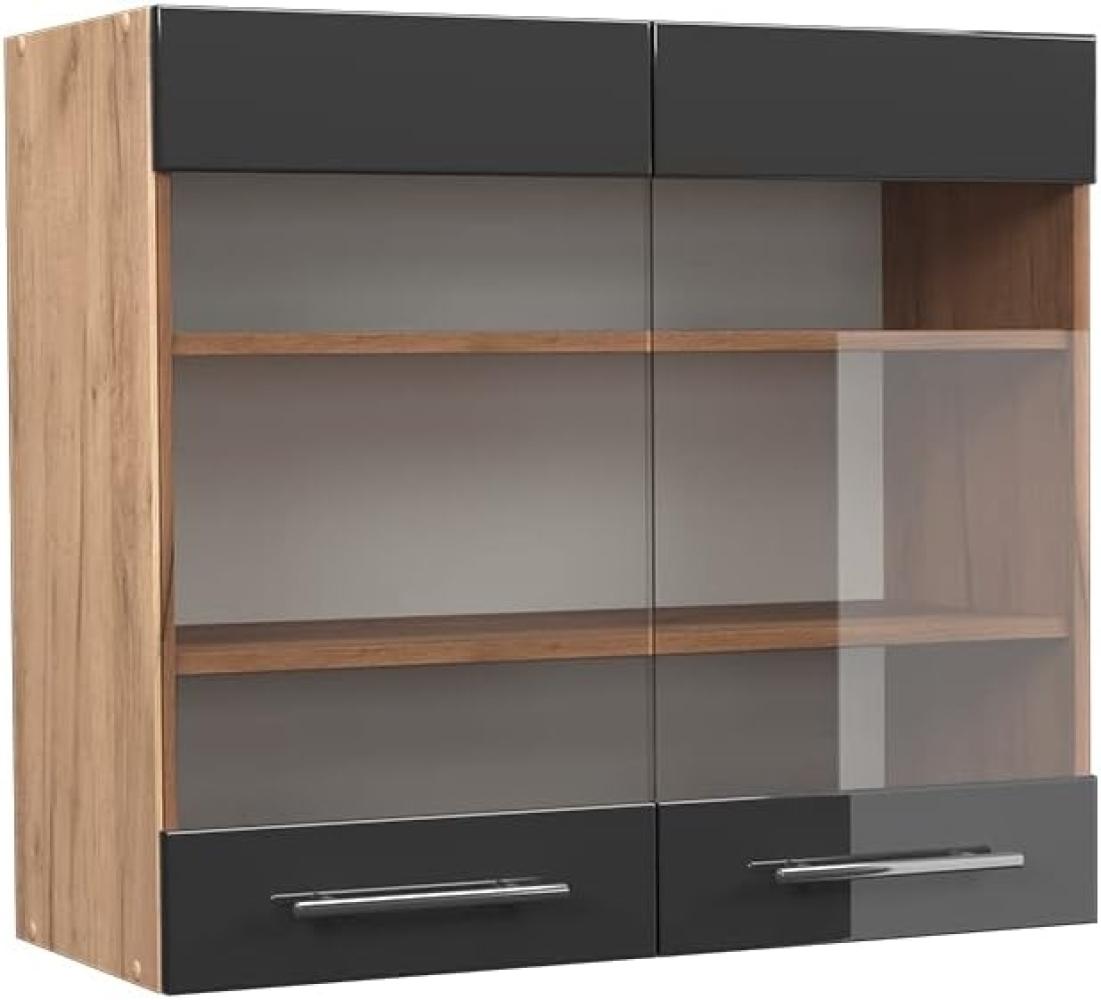 Vicco Küchenschrank Küchenmöbel Fame-Line modern Küche Einbauküche Küchenzeile Blende Unterschrank Hochschrank Hängeschrank Hochglanz (Eiche-Anthrazit, Hängeglasschrank 80 cm) Bild 1