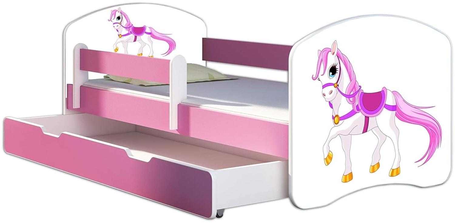 Kinderbett Jugendbett mit einer Schublade und Matratze Rausfallschutz Rosa 70x140 80x160 80x180 ACMA II (43 Kleines Pferd, 70x140 cm + Bettkasten) Bild 1