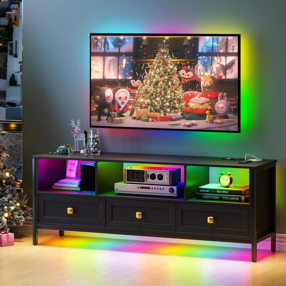 Lvifur LED TV Schrank für 70 Zoll Fernseher, 150 cm 24 Farbe Dimmbar Licht Fernsehschrank mit Ladestation, 3 Schubladen, Automatischer Sensor Beleuchtung TV Sideboard Möbel Wohnzimmer Schwarz Bild 1