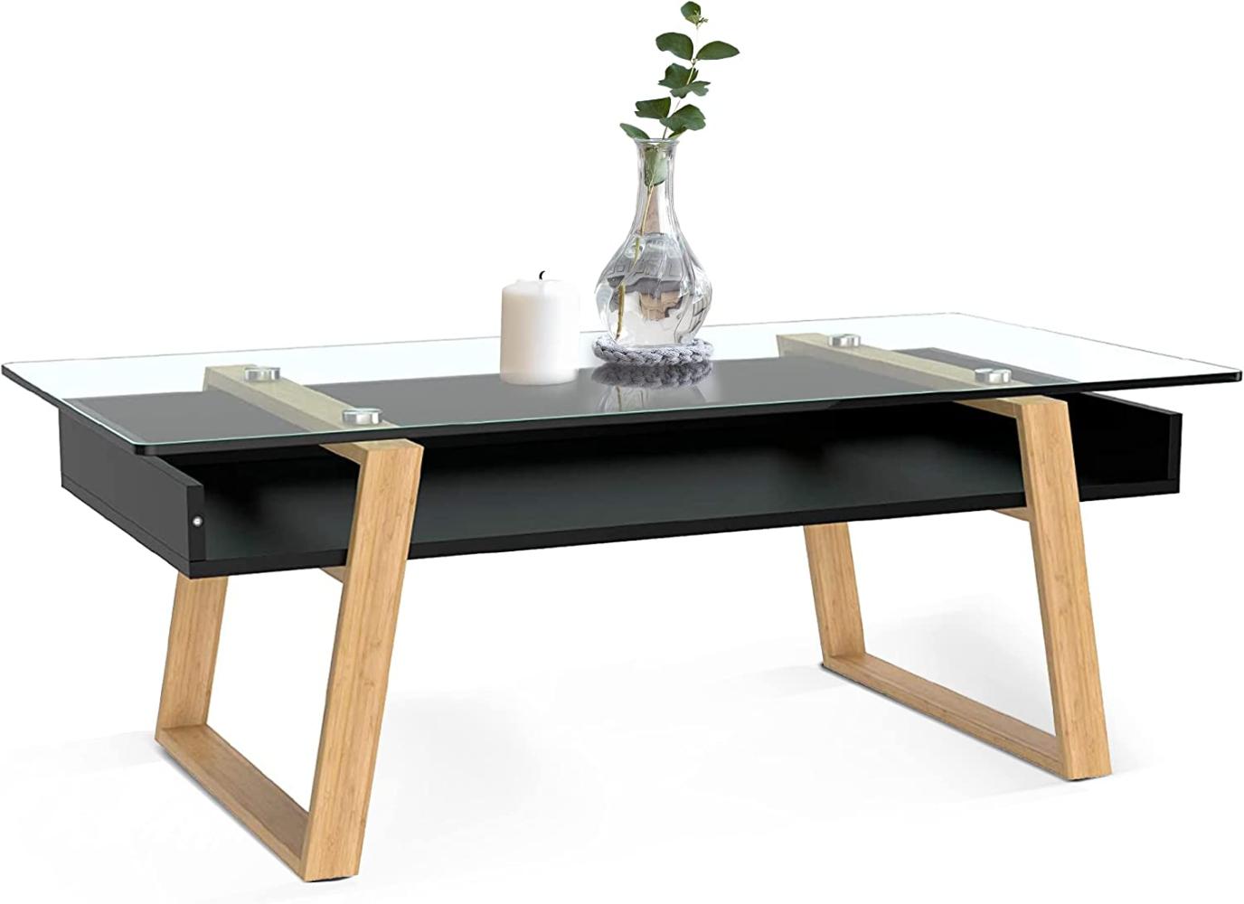bonVIVO Couchtisch schwarz mit Glas Holz Materialmix - Beistelltisch, Sideboard, Wohnzimmertisch - Modern Minimalistisch - Stilvoller Glastisch für Wohnzimmer, Schlafzimmer, Diele Bild 1