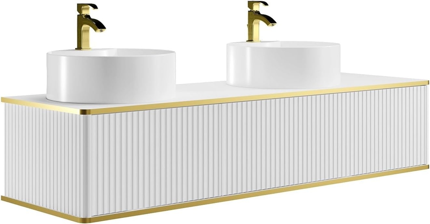 Vente-unique - Waschbeckenunterschrank hängend mit rundem Doppelaufsatzwaschbecken - Streifenoptik - Goldfarbene Umrandung - Weiß - 150 cm - KELIZA Bild 1