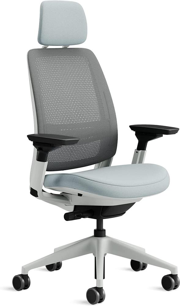 Steelcase Series 2 Bürostuhl mit Netzrücken in Nickel und Sitzbezug in Sturmhorizont mit Kopfstütze Bild 1