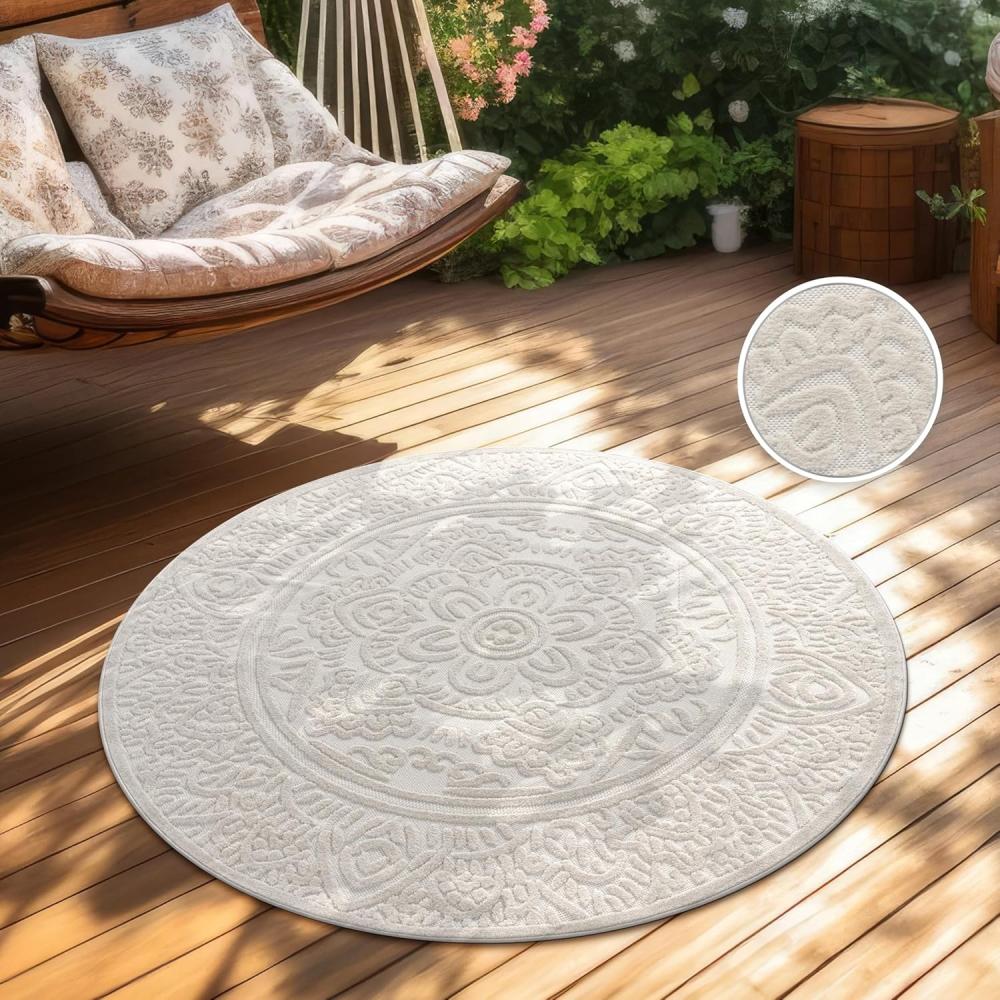 Paco Home Outdoor Teppich Wetterfest Balkon Wohnzimmer Skandinavisches Boho Muster Einfarbig Geometrisch 3D Effekt Moderne Deko, Grösse:160 cm Rund, Farbe:Creme 3 Bild 1