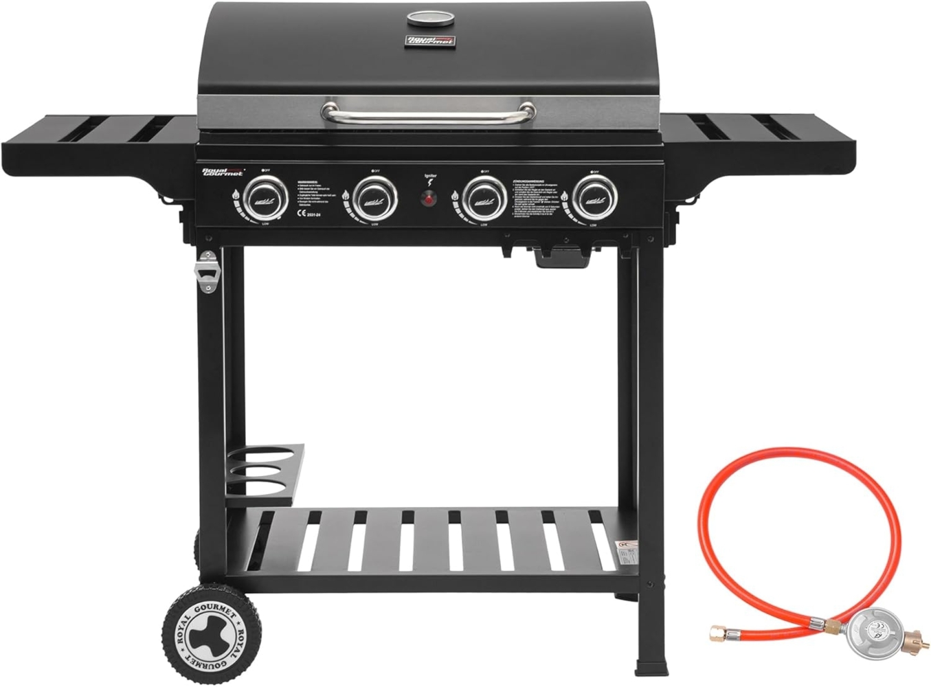 Royal Gourmet 4 Brenner Gas Grillwagen, 12 kW BBQ-Gasgrill mit Seitenablagen und Flascheregal, Campinggrill für Outdoor Garten Party Schwarz Bild 1