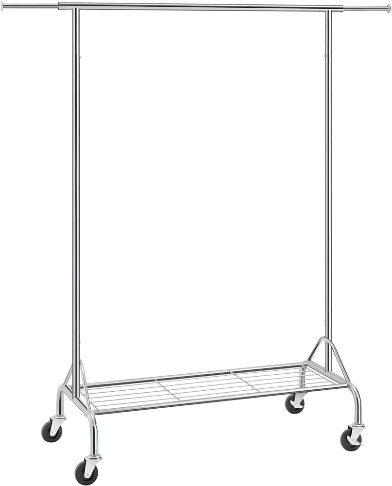 Songmics Kleiderständer aus Metall, Schwerlast, mit Schuhablage, auf Rädern, bis 50 kg belastbar, Länge 110,5-150,5 cm, verchromt, HSR02S Bild 1