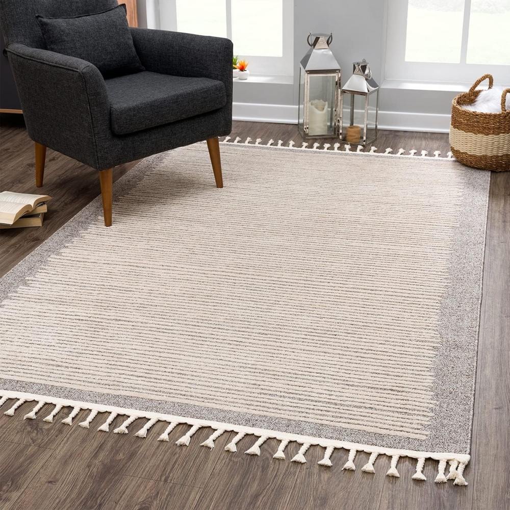 Teppich Wohnzimmer mit Fransen Deko Boho – Braun-Beige Streifen – 80x150cm - Kurzflor Schlafzimmer Flur Dekoration Läufer - Skandinavische Teppiche Bild 1