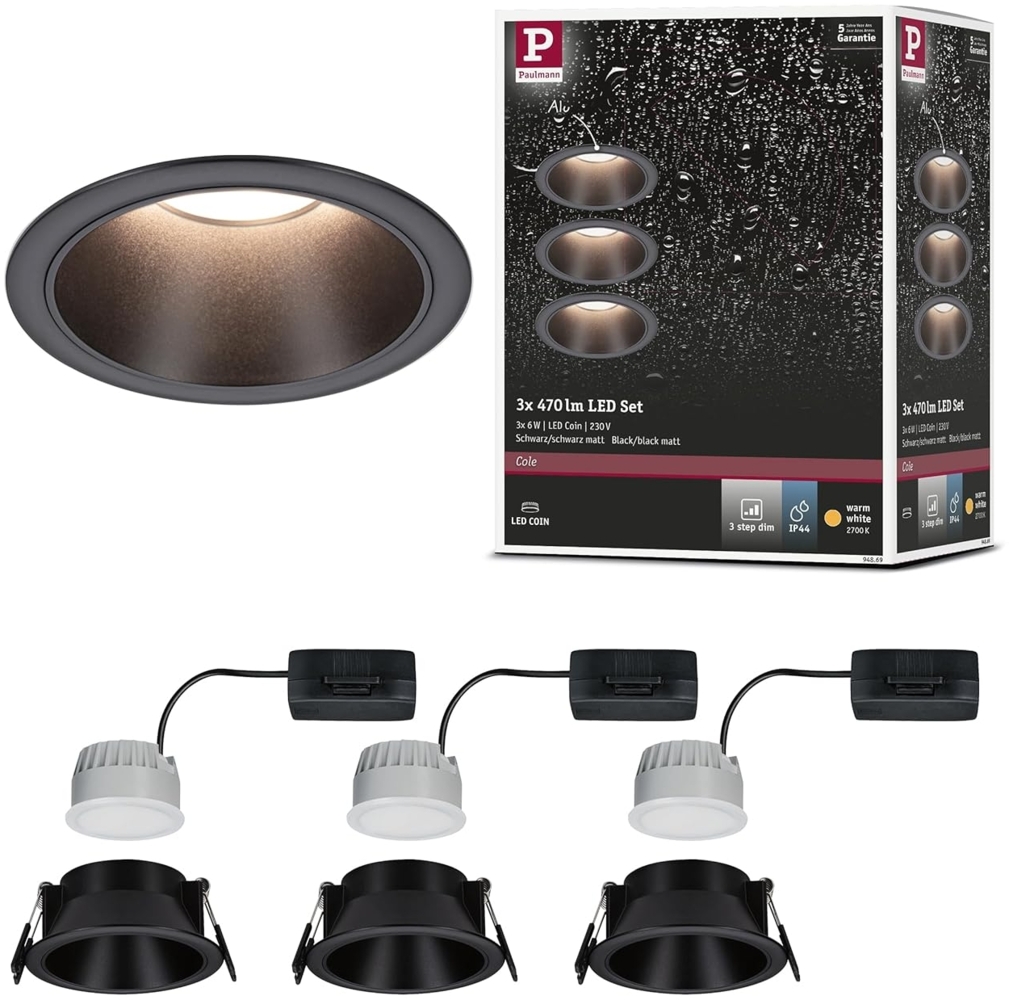 Paulmann 94869 LED Cole Coin Basisset 3er-Set 2700K schwarz 3-Step-Dim IP44 Bild 1