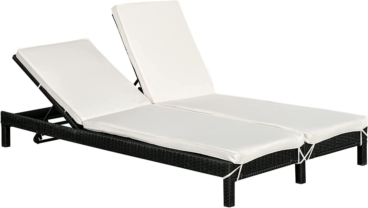 Outsunny Gartenliege, Doppelliege, Relaxliege für 2 Personen, Luxus Lounge, 5-stufige Rückenlehne, Metall, PE Rattan, Creme, 195 x 120 x 28 cm Bild 1