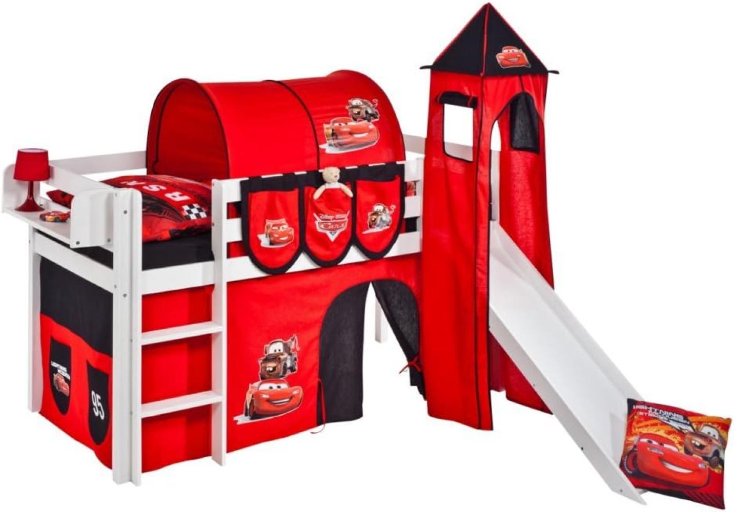 Lilokids 'Jelle' Spielbett 90 x 200 cm, Disney Cars, Kiefer massiv, mit Turm, Rutsche und Vorhang Bild 1