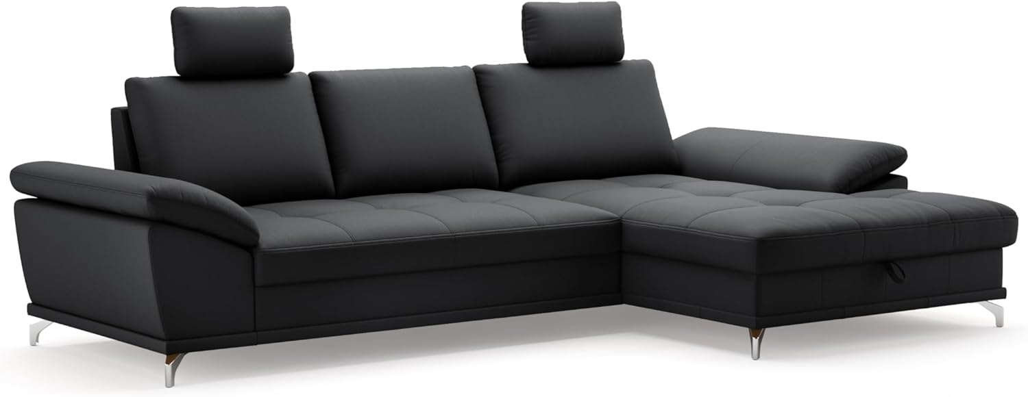 Cavadore Ecksofa Castiel mit Federkern / Eckcouch mit großem Longchair, Sitztiefenverstellung, Kopfstützen und mattschwarzen Metallfüßen / 301x89-114x176 / Echtleder, Schwarz Bild 1