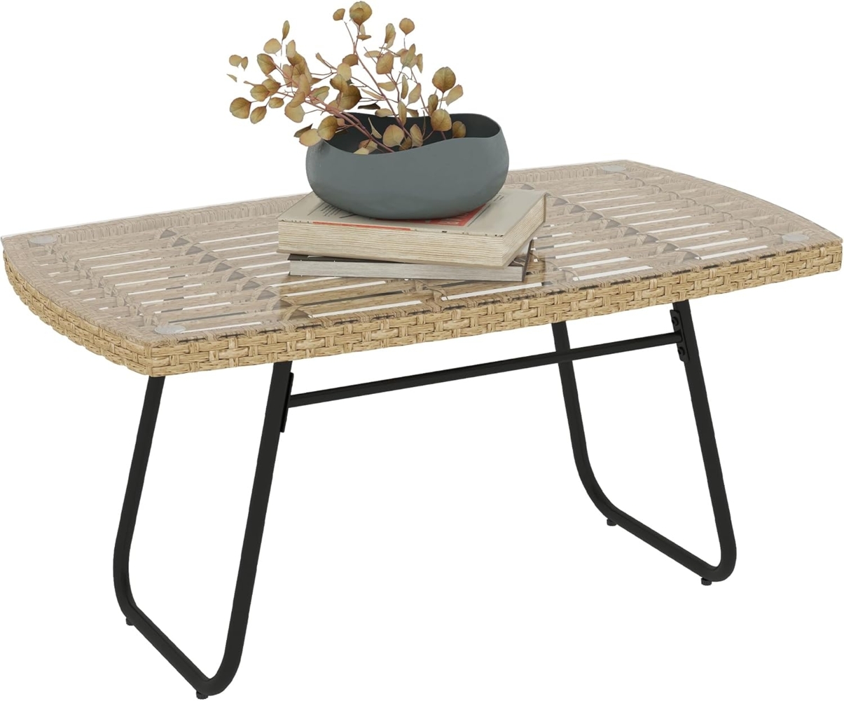 Outsunny Gartentisch UV-beständig, mit Glasplatte (Beistelltisch aus Polyrattan, 1-St, rechteckiger Terrassentisch), 90 x 50 x 45 cm, für Garten, Terrasse, Balkon Naturholz Bild 1