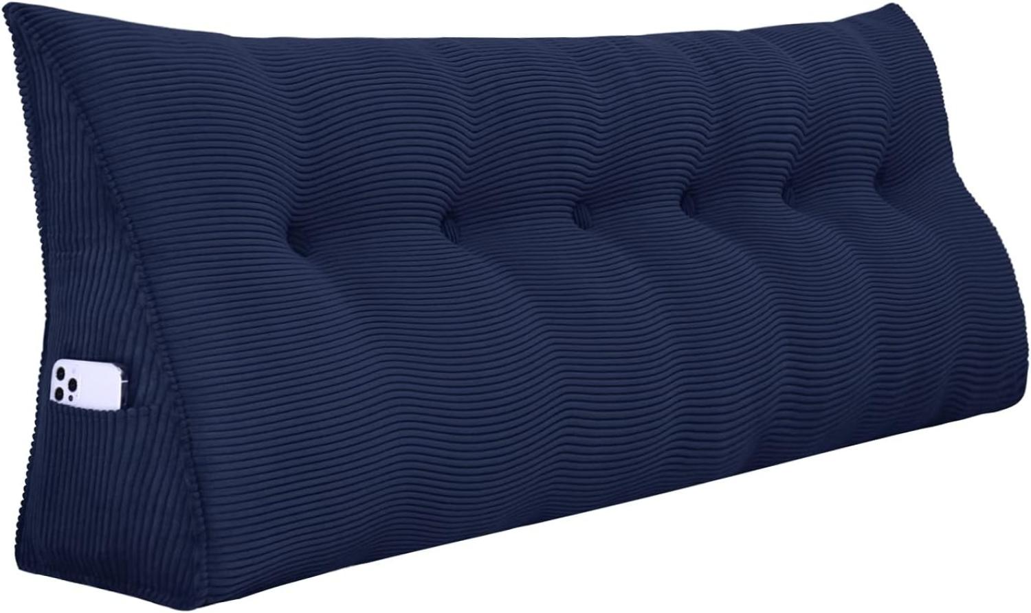 VERCART Großes Keilkissen, Langes Lesekissen, Bettruhe Rückenkissen, Dreieckiges Liegekissen, Dekoratives Kopfteilkissen für Tagesbett oder Tiefes Sofa, Cord Marineblau, 180cm Bild 1