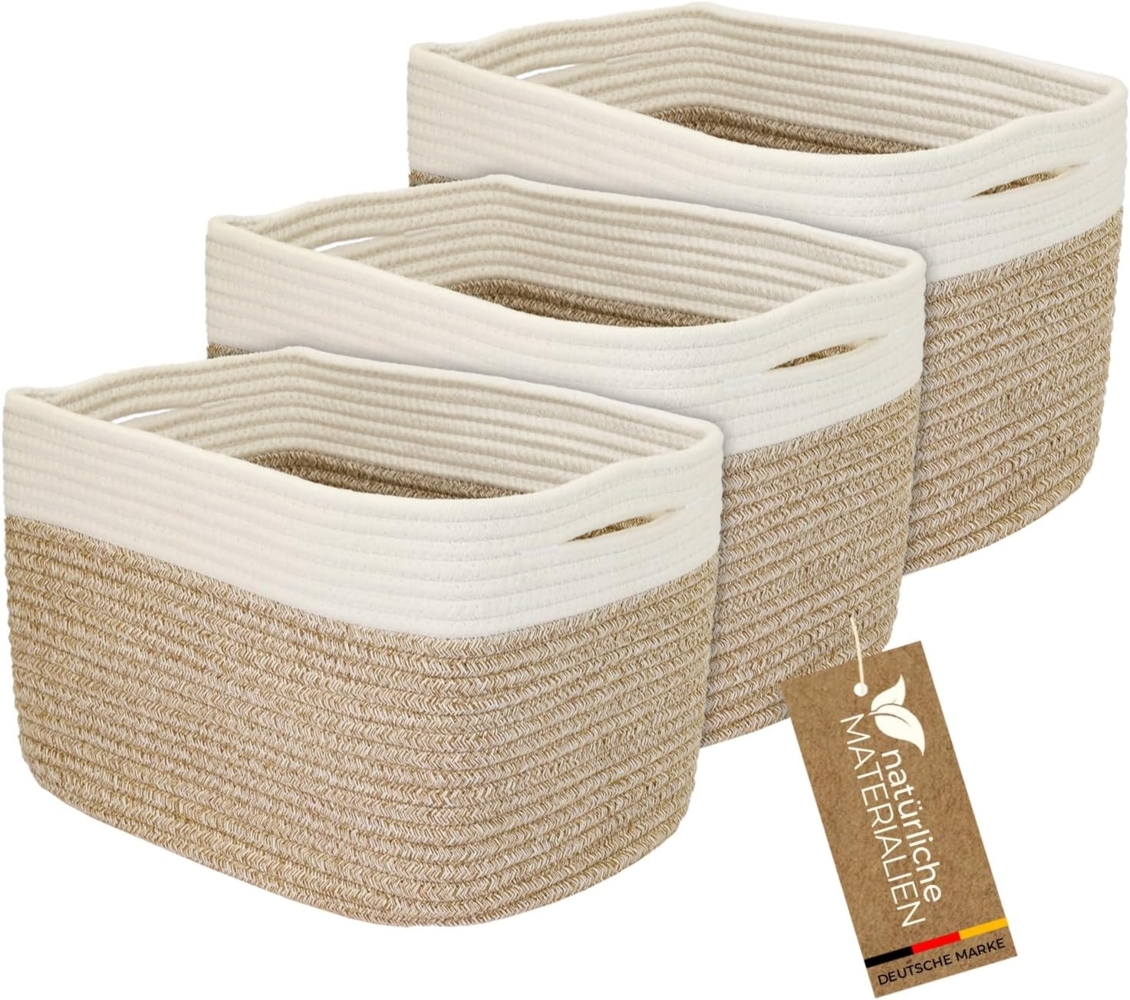 HMF Aufbewahrungskorb Aufbewahrungskorb mit versteckten Griffen, für Kallax Regal geeignet (Set, 3er), Korb handgenäht aus Baumwolle, 37,5 x 25 x 22,5 cm, Weiß-Braun Bild 1