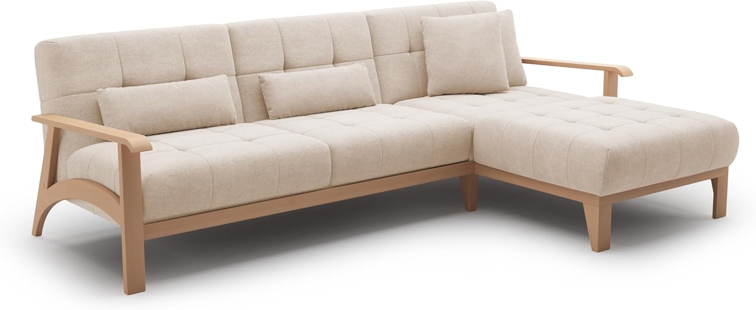 Cavadore Ecksofa Billan / Eckcouch im skandinavischen Design mit Longchair und massivem Holzgestell in Buche / 264 x 88 x 183 / Mikrofaser, Beige Bild 1