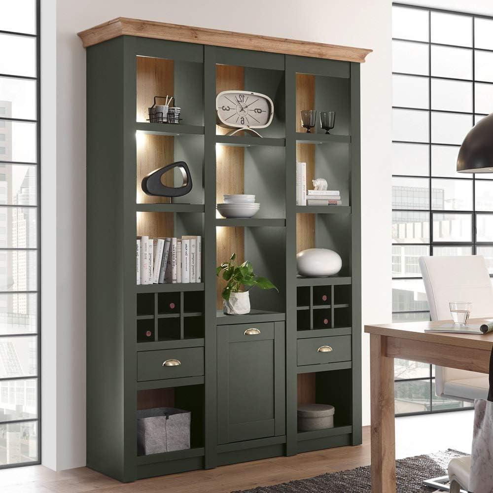 Landhaus Buffet Regalschrank CINCINNATI-61 in grün mit Wotaneiche inkl. LED, B/H/T: 147/207/45cm Bild 1