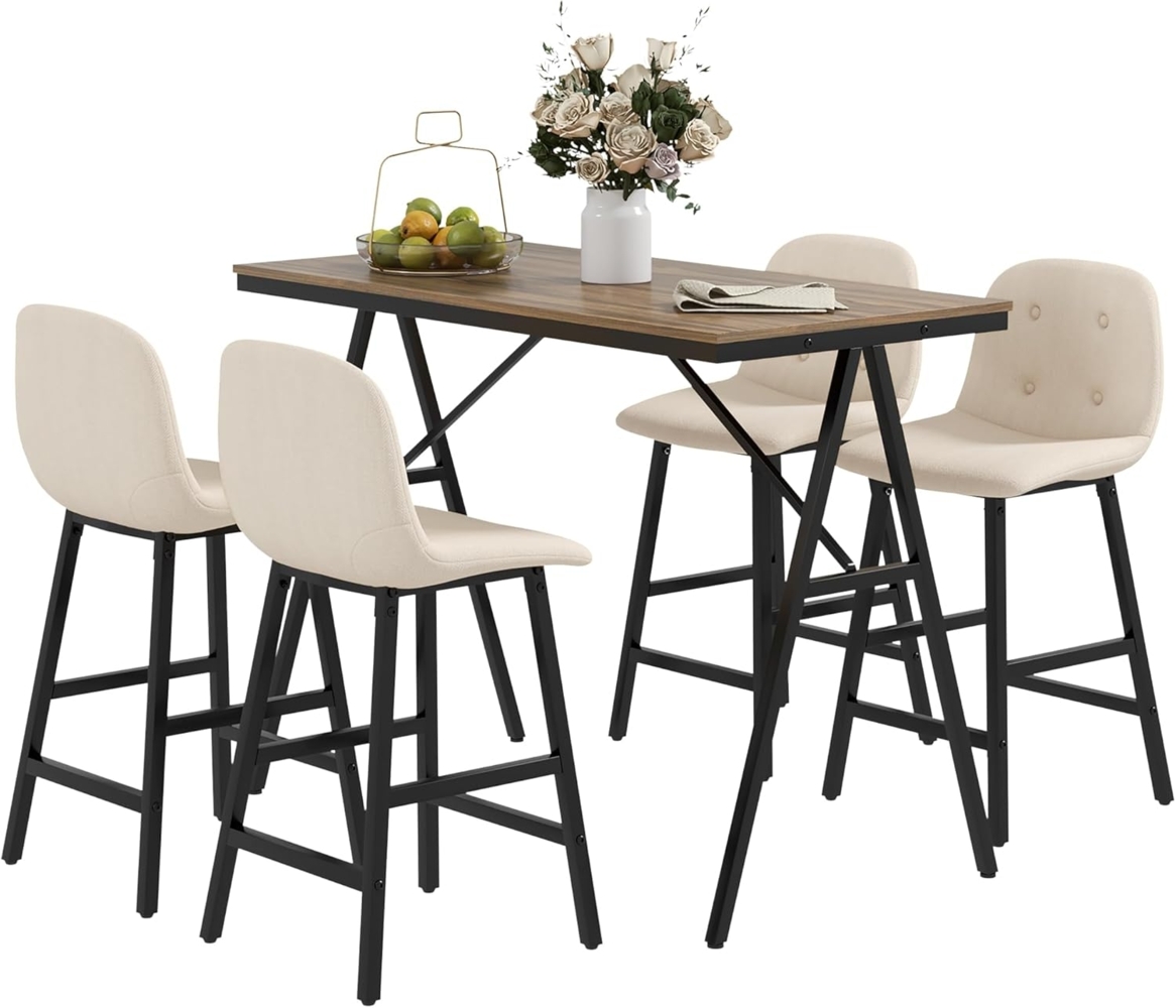 HOMCOM Bargruppe Küchentisch, Bistrotisch mit 4 Stühlen, Bartisch Set für Küche, (5-teilige Essgruppe, 5-tlg, Bartisch mit Barhocker), für Essenzimmer, Beige Bild 1