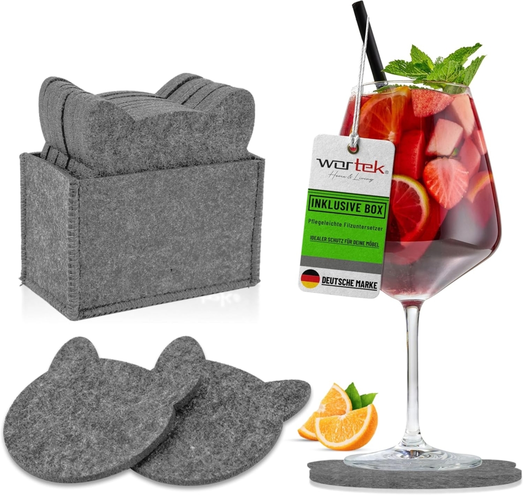 wortek Getränkeuntersetzer Filz-Untersetzer Katze für Gläser 10er Set + Box, Zubehör für Tisch & Gläser, Set, 10-tlg, waschbare Getränke Glasuntersetzer Gläser, Tischuntersetzer Filz 10 cm Bild 1