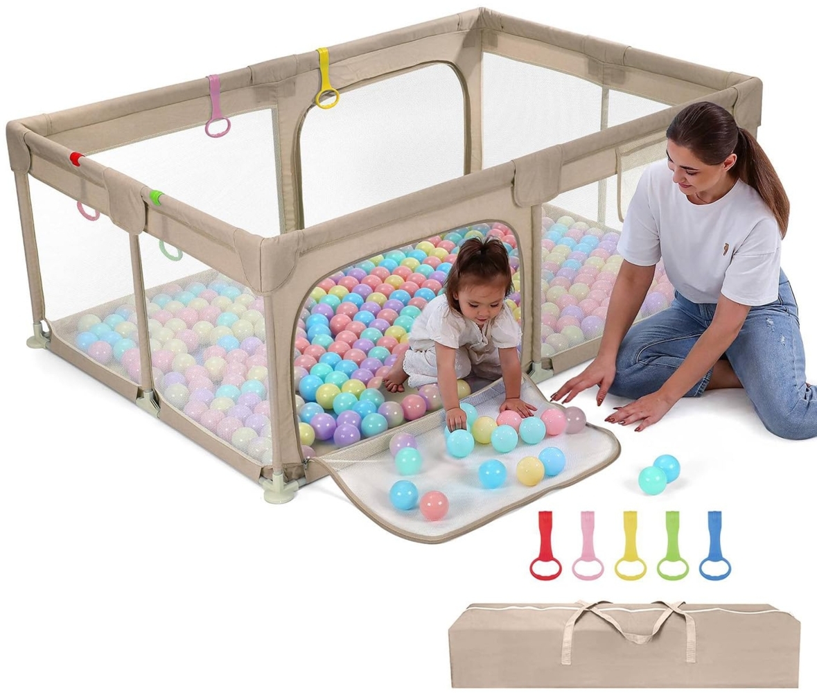 Dripex Laufstall Baby 120x180 cm, Laufgitter Baby mit Nachhaltiger Leinenstoff, Baby Laufstall mit atmungsaktivem Netz, große Sicherheitsspielplatz, Laufstall, Braun Bild 1