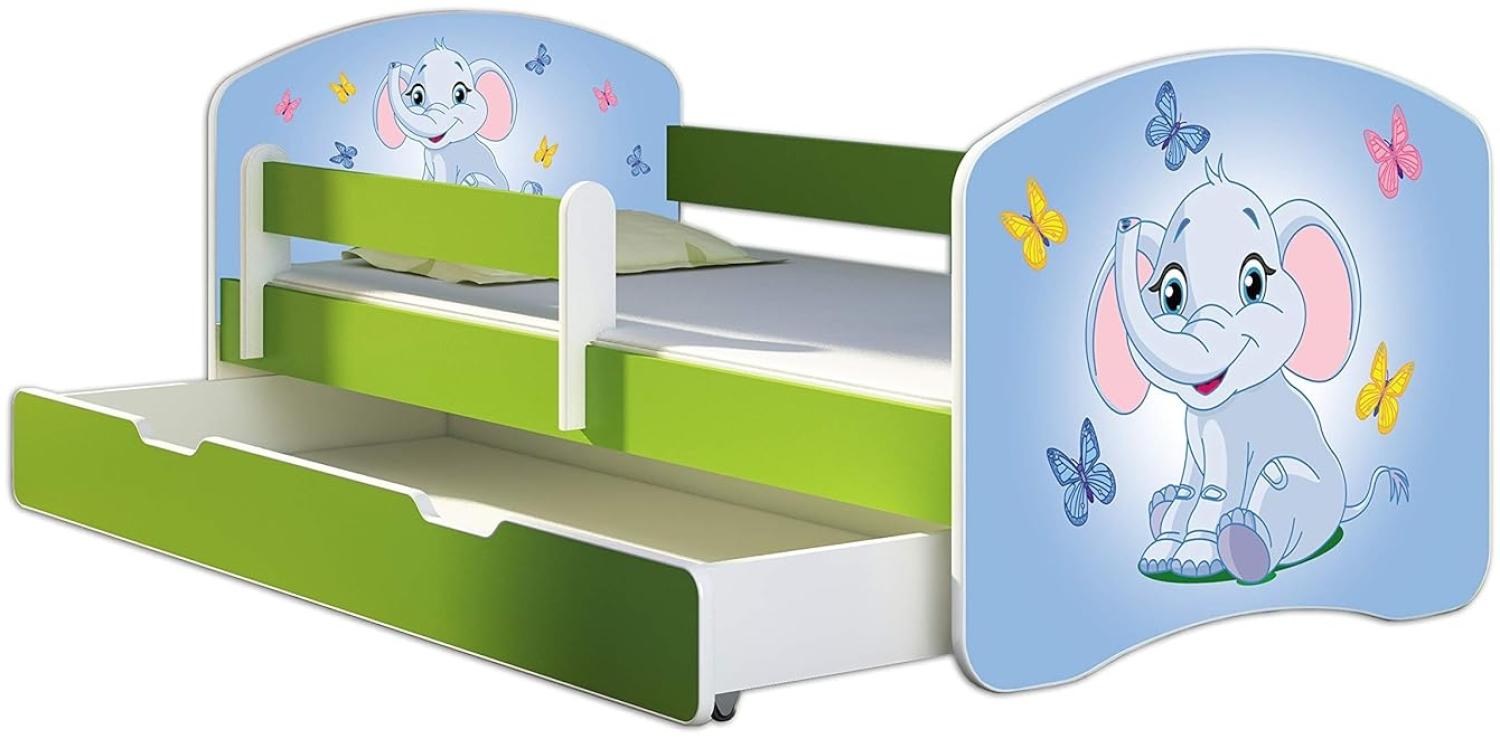 ACMA Kinderbett Jugendbett mit Einer Schublade und Matratze Grün mit Rausfallschutz Lattenrost II 140x70 160x80 180x80 (26 Elefant, 160x80 + Bettkasten) Bild 1