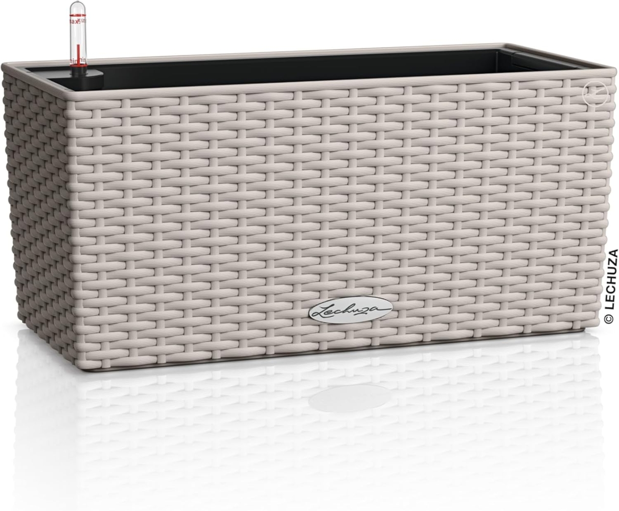 LECHUZA-Pflanzgefäß BALCONERA Cottage 40 sandbraun, Balkonkasten mit Bewässerungssystem, Wasserstandsanzeiger und Pflanzeinsatz, Flechtoptik, 40 x 19 x 19 cm, 15474 Bild 1
