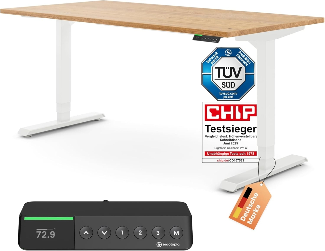 Desktopia Pro X - Elektrisch höhenverstellbarer Schreibtisch / Ergonomischer Tisch mit Memory-Funktion, Eiche Echtholz, Gestell Weiß, 120x80 cm Bild 1