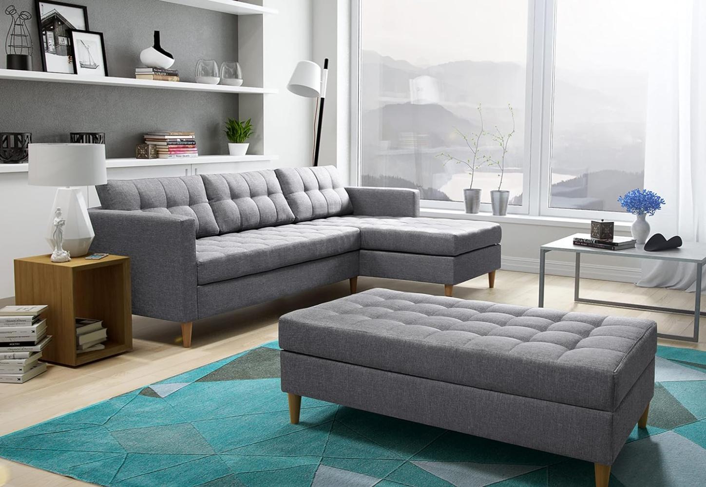 FURNIX Ecksofa NORGEN II Eckcouch mit Bettfunktion - Edle Wohnzimmersofa mit Hocker, Federkern, Holzfüßen - L-Form Sofa Links/rechts, B 220 x T 154 x H 86 cm, Bettfunktion SW 96 (anthrazit) Bild 1