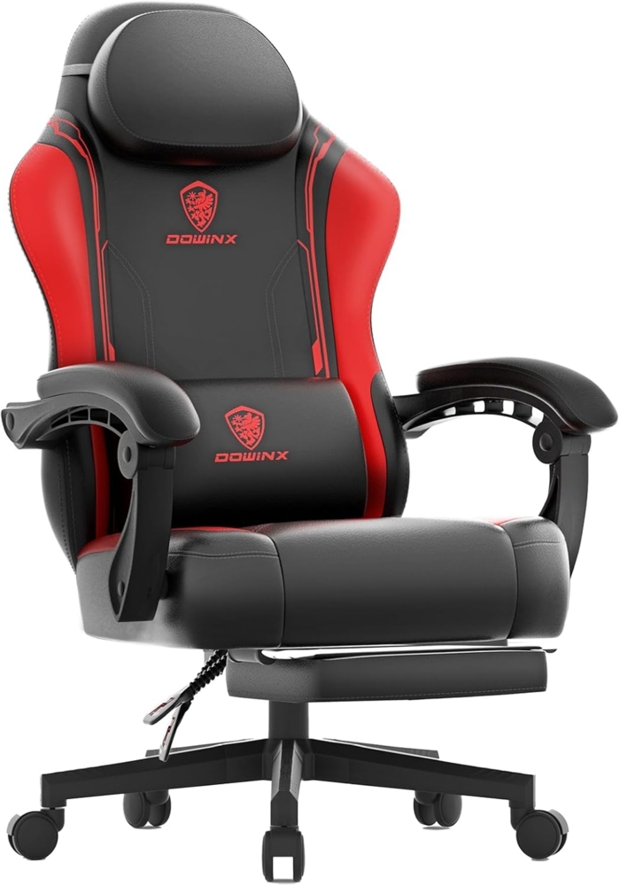 Dowinx Gaming Stuhl, Ergonomischer Gamer Sessel aus PU-Leder mit Lendenstütze, Massagefunktion und breiter Rückenlehne, Belastbar bis 150 kg, rot Bild 1