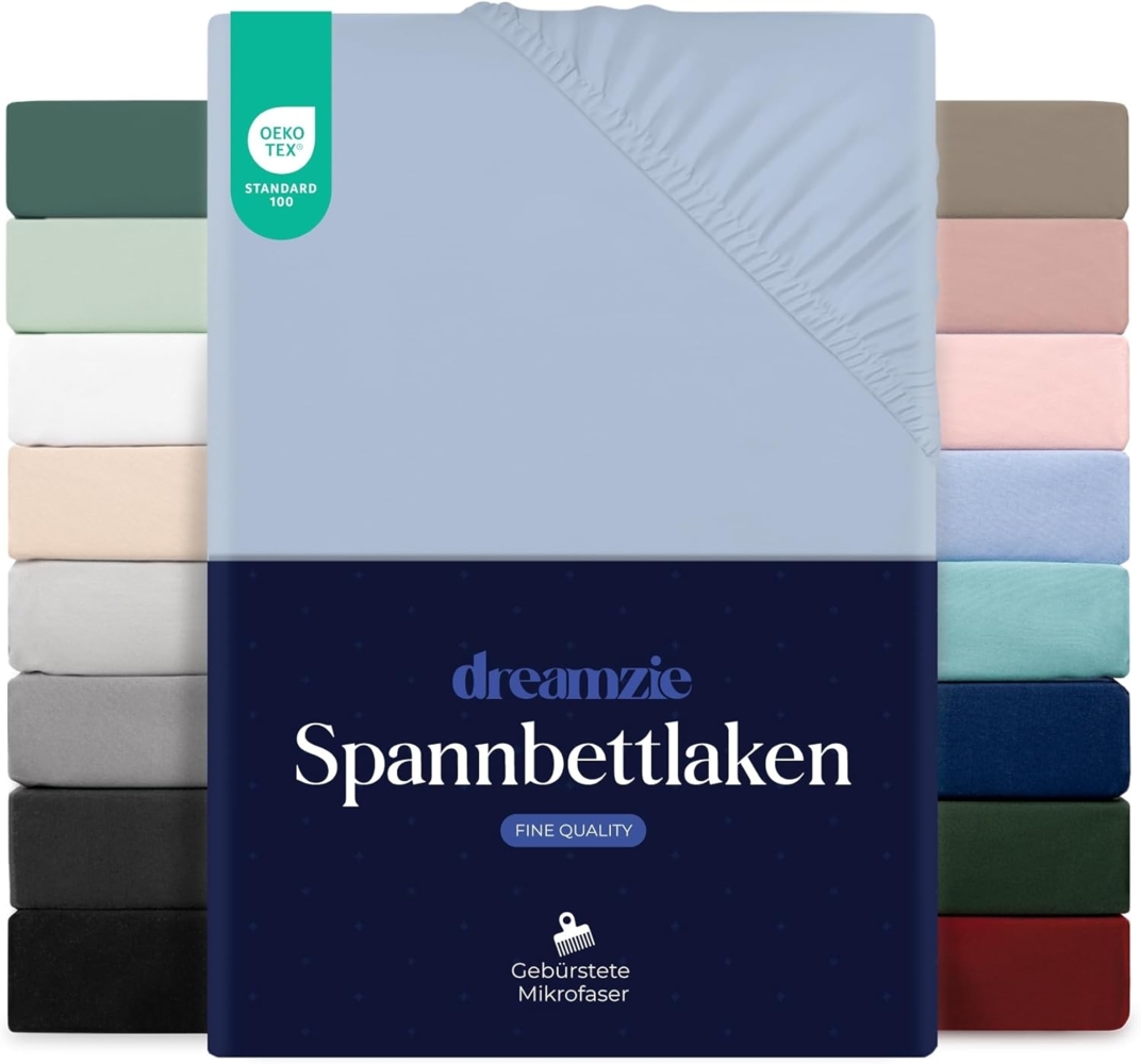 Dreamzie Spannbetttlaken 90x190 cm - Hoher Steg bis 33 cm - 100% Mikrofaser - Blau - Schadstoffgeprüft (Oeko TEX), Bettlaken mit Gummizug Bild 1