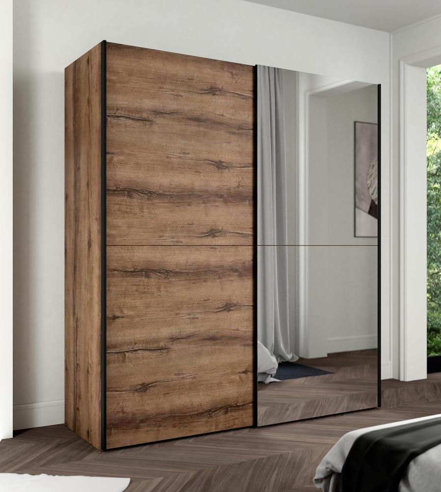 FORTE KAIKAIS Schrank 170, Kleiderschrank mit Spiegel, Schwebetürenschrank Industrial 2-türig mit Einlegeböden und Kleiderstange, Holzdekor: Schlammeiche, 170 cm breit x 190.5 cm hoch x 61 cm tief Bild 1