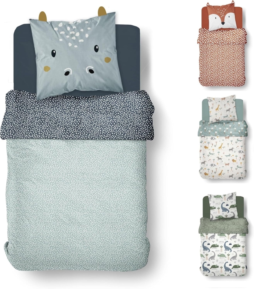 Kinderbettwäsche Set Blau 135x200 80x80 cm Motiv Hippo mit Nilpferd Flusspferd aus 100% Baumwolle mit Reißverschluss Bild 1