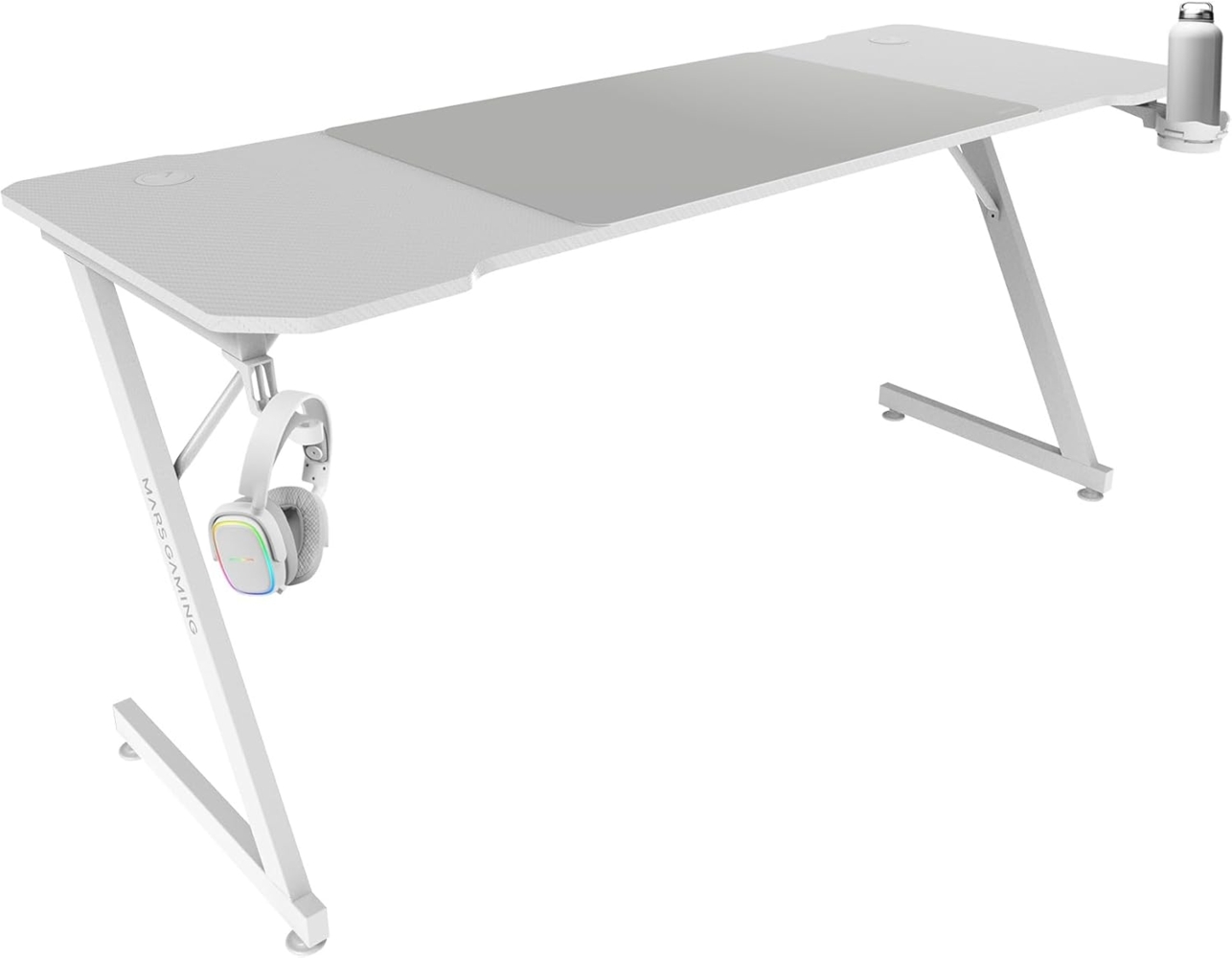 Mars Gaming MGD-X160, Gaming-Schreibtisch Ergonomisch, Oberfläche aus Karbonfaser, Metallrahmen, XXL-Mauspad, Kopfhörer- und Getränkehalterung, Kabelmanagement, Gaming-Tisch 160x60 cm, Weiß Bild 1