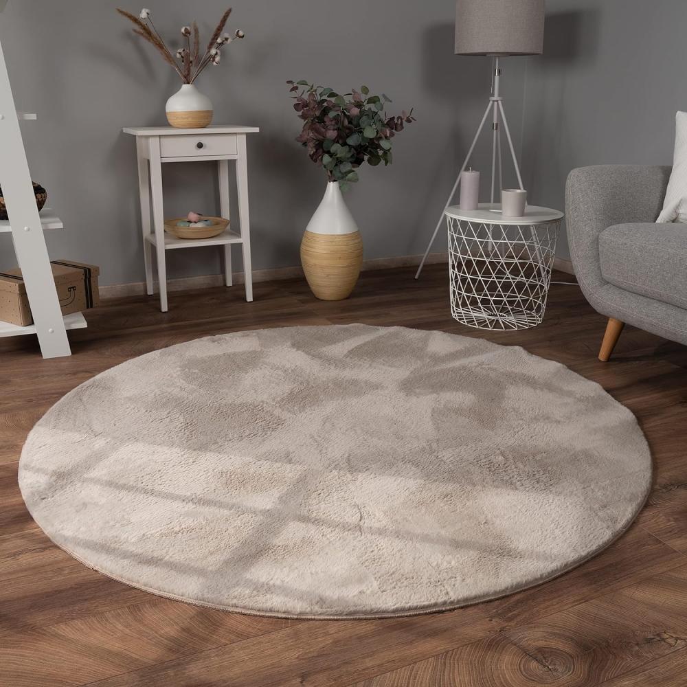 Paco Home Hochflor Teppich Wohnzimmer Flauschig Fellteppich Kunstfell Plüsch Shaggy Weich Fellimitat, Grösse:160 cm Rund, Farbe:Beige Bild 1