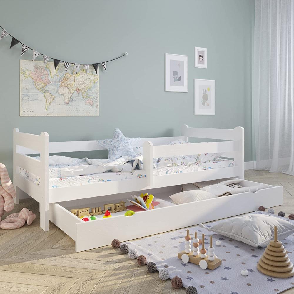 Kinderbett Jugendbett 80x180 cm mit Rausfallschutz | Voll-Holz inkl. Lattenrost & Schublade in weiß Kiefer | Mädchen Jungen Bett skandinavisch Bild 1