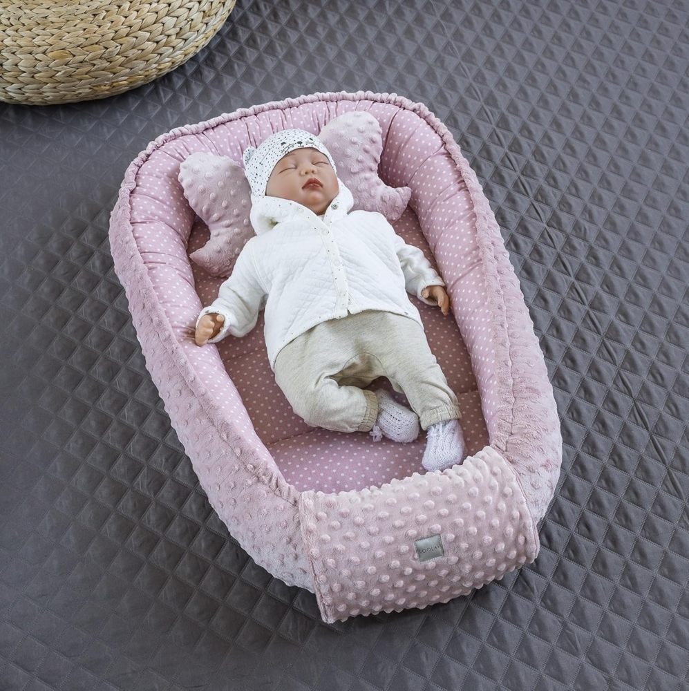 Mini PUNKTE Rosa/MINKY Altrosa Baumwolle Polar Fleece Babynest Neugeborene Baby Unterlage Reisebett Nestchen SOLO/o. Ausstattung SET für Mädchen (Nestchen + Schmetterling) Bild 1