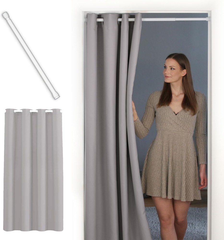 tinycurtains Türvorhang mit Stange weiß 70-120 cm Thermo Vorhang ohne Bohren, blickdicht, Ösen, verdunkelnd, Polyester, hellgrau Moonlight, Türgardine mit Klemmstange Raumtrenner Vorhang Tür Bild 1