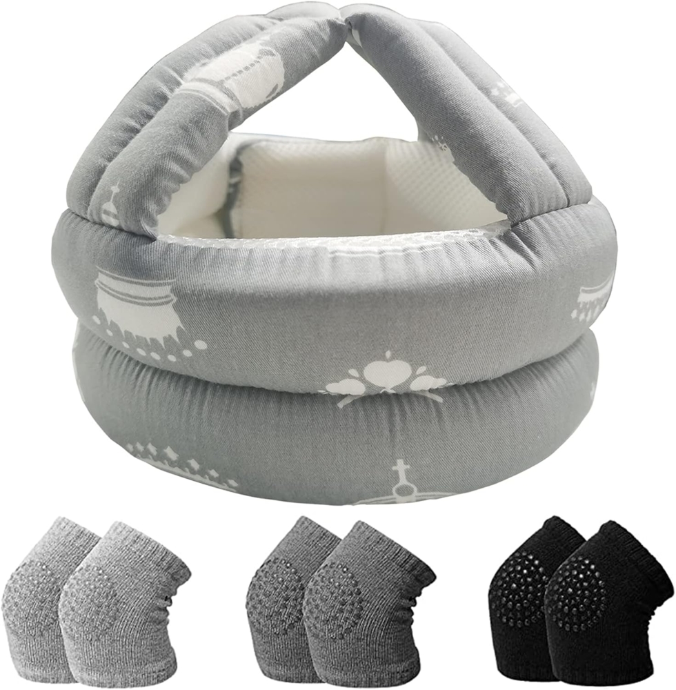 IULONEE Baby Helm mit 3 Paar Baby Knieschützern, Lauflernhelm Kleinkind Schutzhut Kopfschutz Baby Krabbeln Kappen Verstellbarer Schutzhelm(Graue Krone) Bild 1