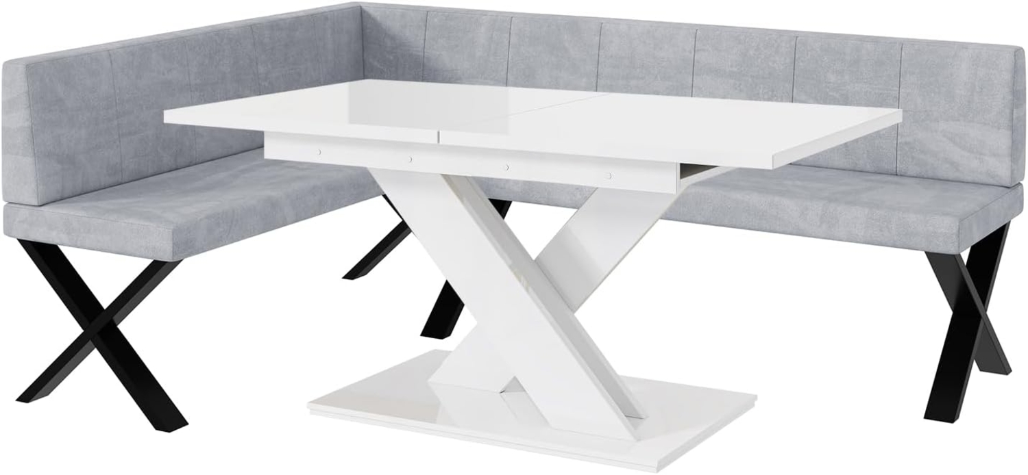 MEBLINI Eckbank für Esszimmer mit ausziehbarem Tisch - Küchenbank - Essecke - Sitzecke Küche - PETER - X-Beine 142x196x87cm Links - Hellgrau Samt/B Weiß Hochgl. Bild 1