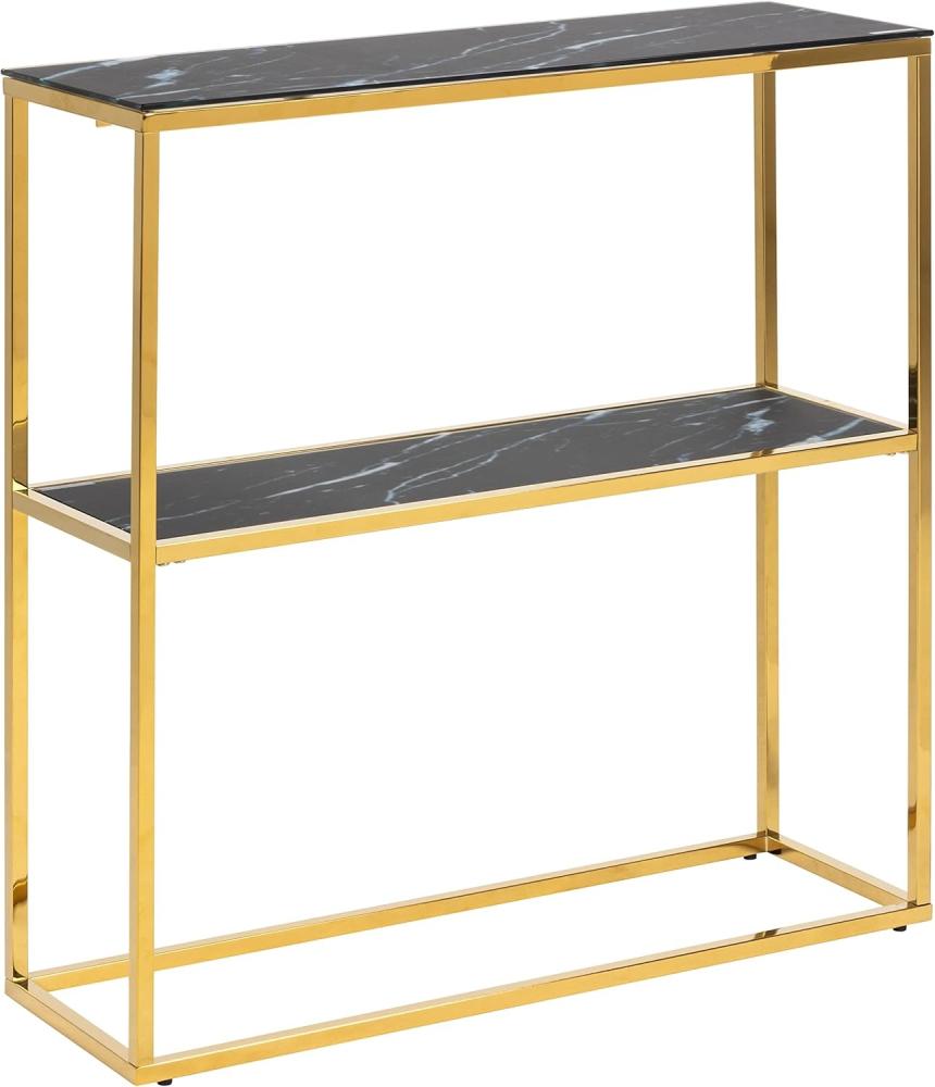 AC Design Furniture Antje rechteckiger Konsolentisch mit 1 Ablage, Tischplatte in schwarzer Marmoroptik mit goldenem Metallfuß, Tischplatte aus Glas, moderne Konsole für Wohnzimmer, Flurmöbel, 1 Stück Bild 1