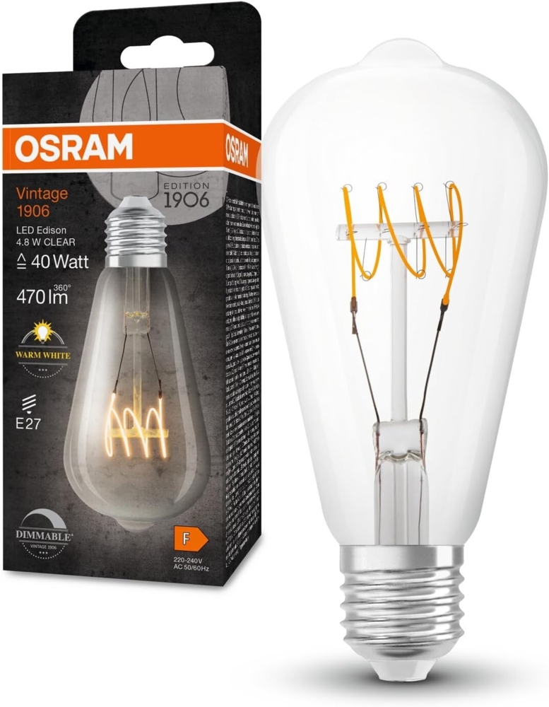 Osram Dimmbare LED-Lampen, Vintage-Edition, 40 Watts Ersatz, E27, ST64-shape, 2700 Kelvin, Warm weiß, Klares Glas, single Pack Bild 1