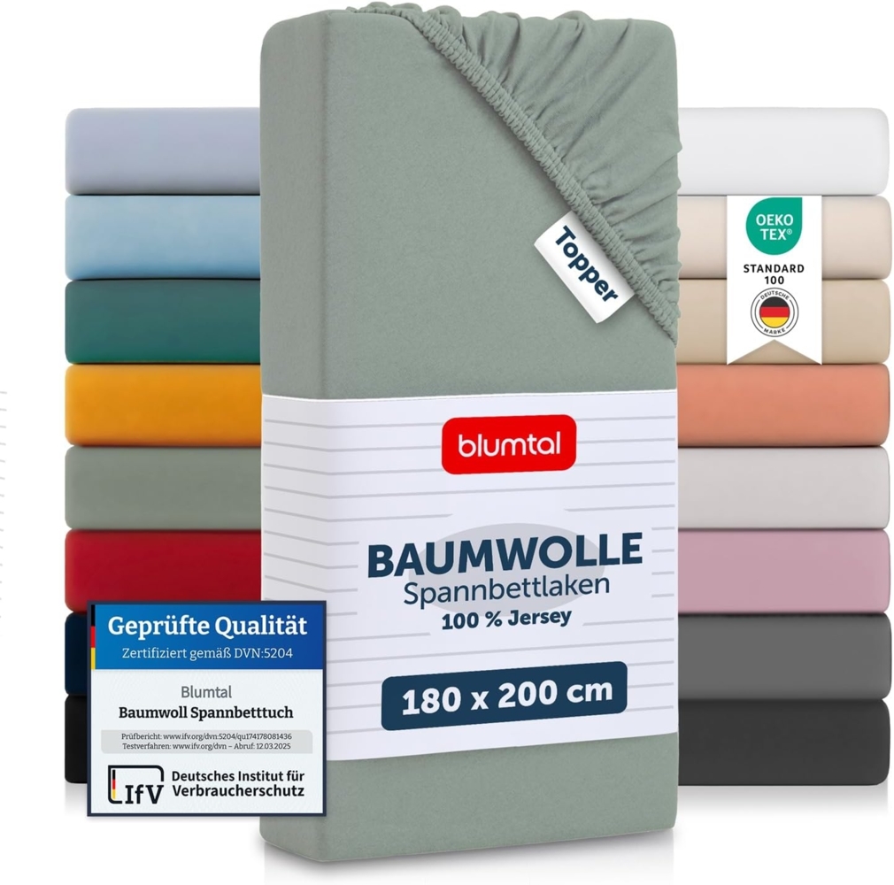 Blumtal® Basics Jersey Spannbettlaken 180x200 cm -Oeko-TEX Zertifiziert, 100% Baumwolle Bettlaken, bis 7cm Topperhöhe, Summer Green - Grün Bild 1